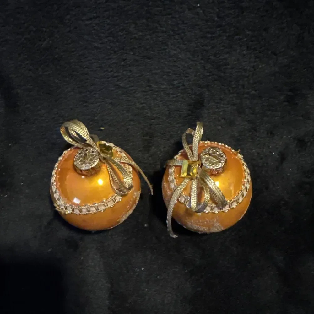 2 Vintage 50s Shiny Brite Gold Glitter Reindeer Ribbon Christmas Ornaments